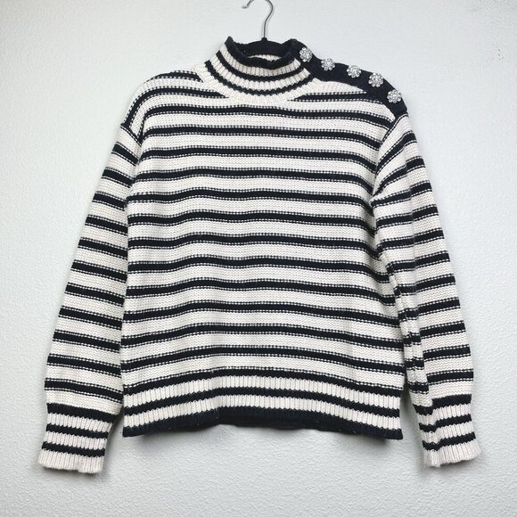 J.CREW Sweaters - J.Crew Women's Medium Cable-Knit Mockneck Pullover Sweater Stripe Jewel Buttons